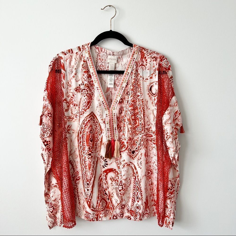 Chicos embroidered tassel boho Kaftan blouse Art to wear women’s s/m